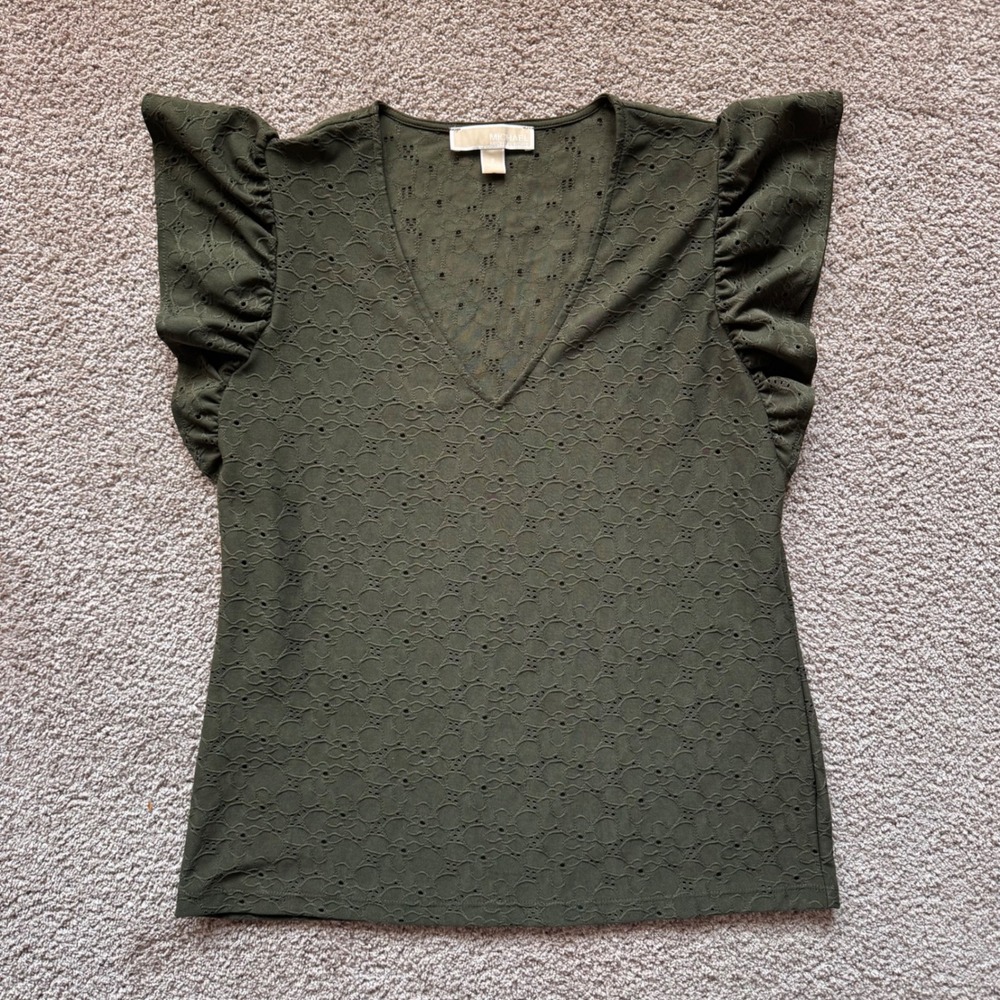 Michael Kors Womens Small Olive Green Eyelet Ruffle Cap Sleeve V-Neck Top